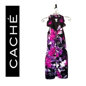 Cache Black Pink and Purple Floral Ruched Full-Zip Sleeveless Dress Size 6